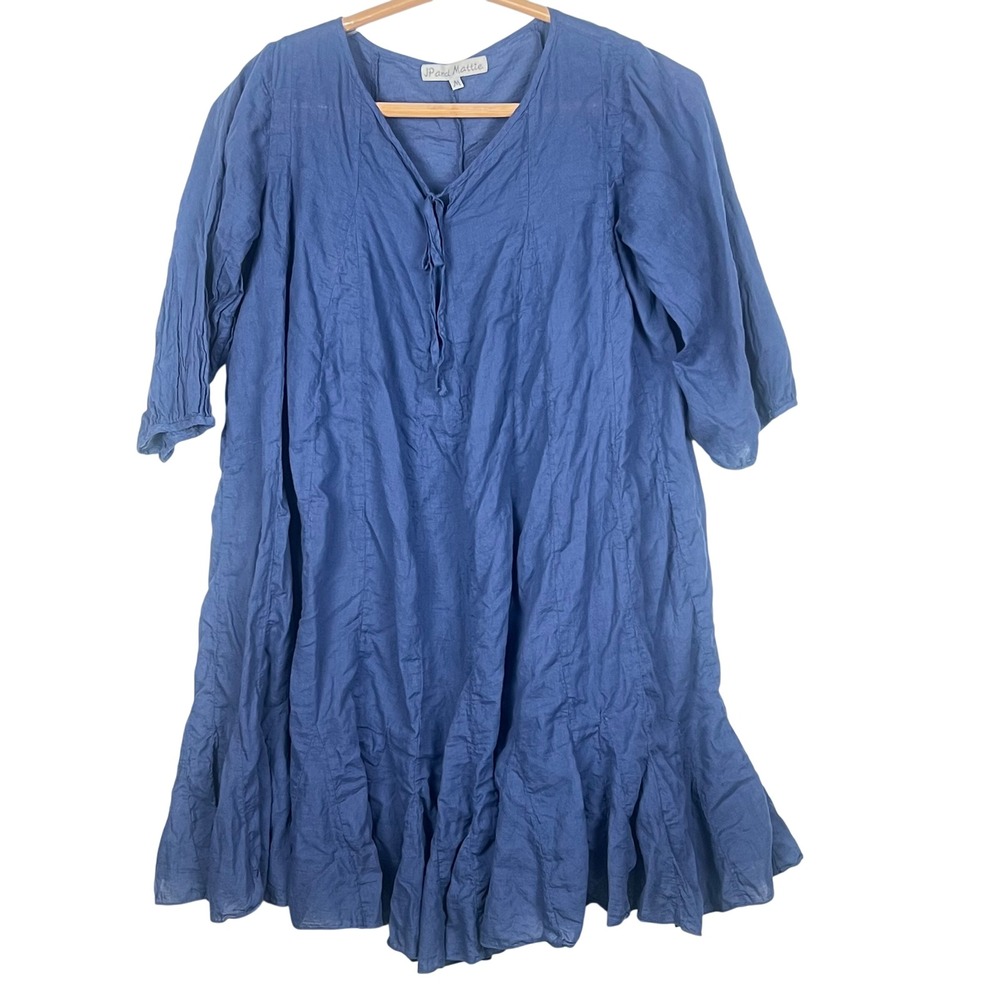 JP and Mattie Tunic Dress Women Medium Blue Crinkle Cotton Ruffle Lagenlook Boho